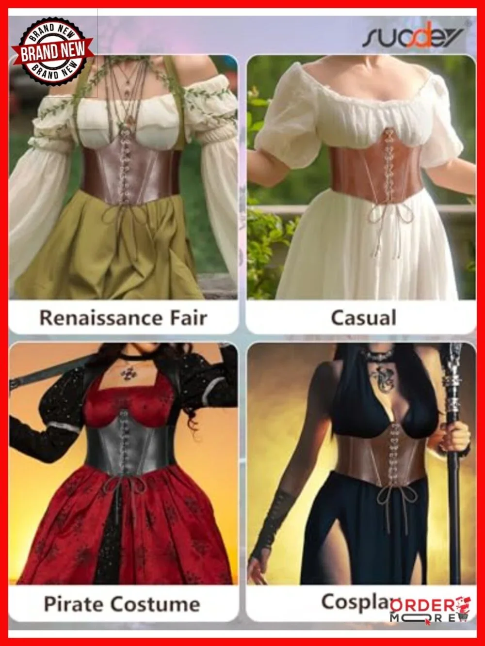 Women's Wide Elastic Underbust Corset Belt Renaissance Costume Lace Up